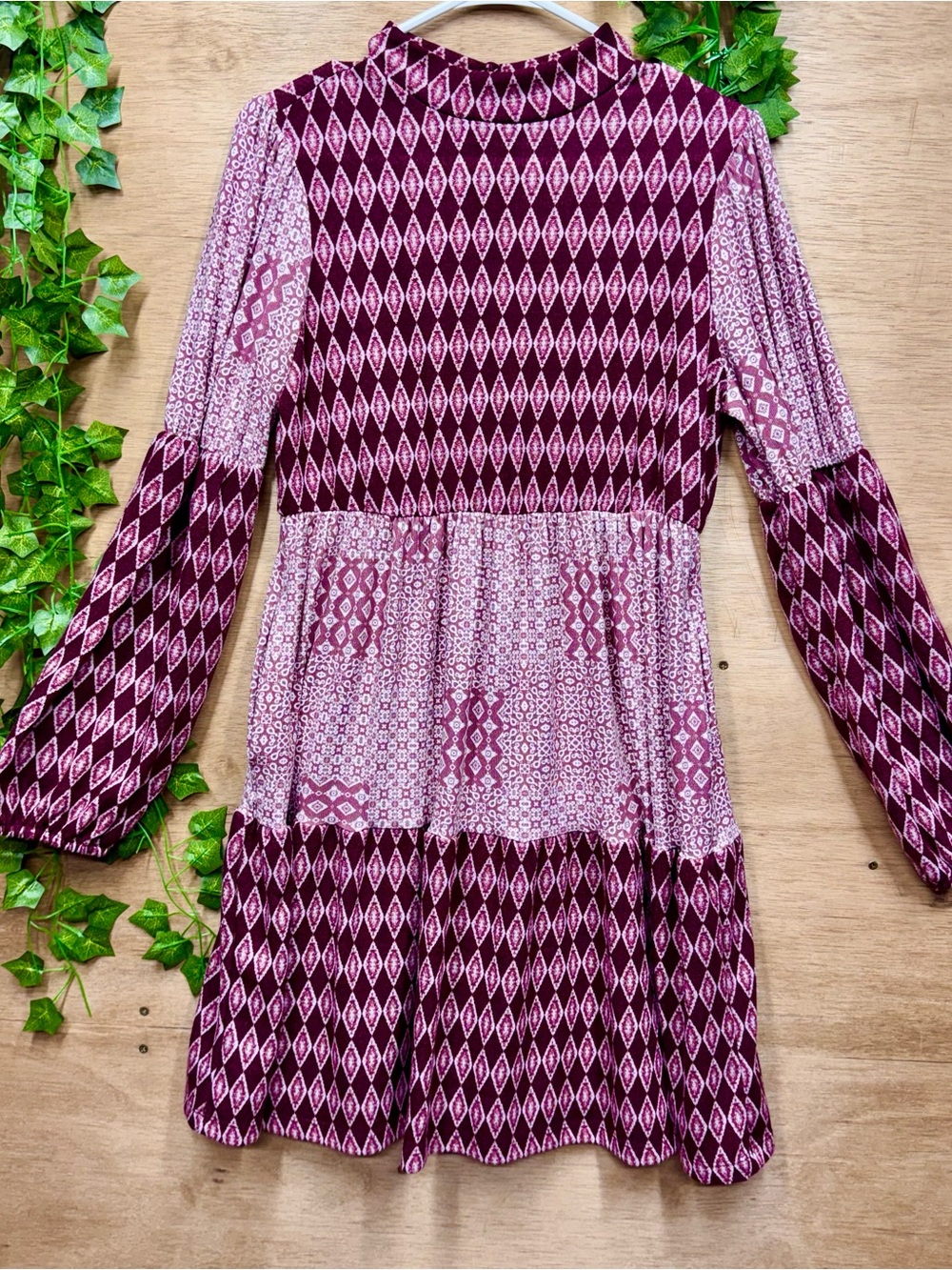 Ces Femme Burgundy Patterned Long Bubble Sleeve Dress